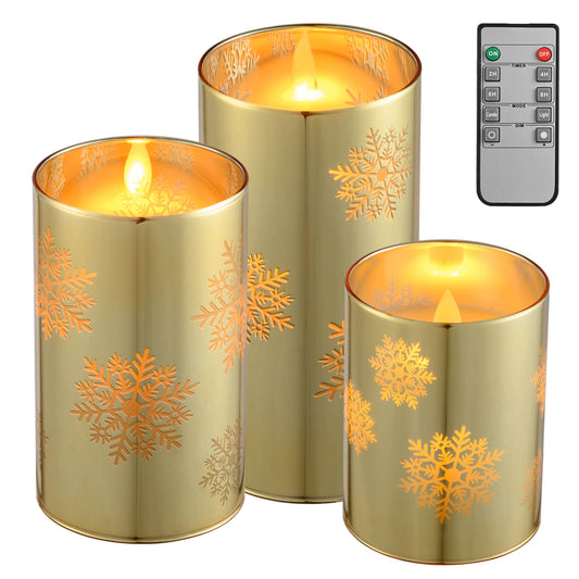 Real Wax Snowflake Glass LED Candle Set - Ø3"xH4"5"6"