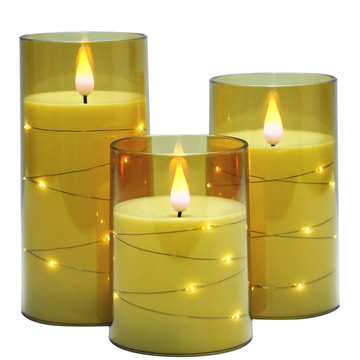 Embedded String Light Acrylic Gold White LED Candle Set - Ø3"xH4"5"6"