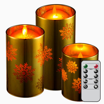 Real Wax Snowflake Glass LED Candle Set - Ø3"xH4"5"6"