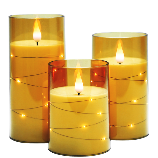 Embedded String Light Acrylic Gold White LED Candle Set - Ø3"xH4"5"6"