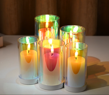 Real Wax With Rainbow Effect Glass Shell LED Candles Set Of 5