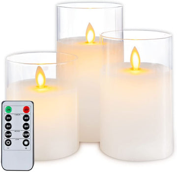 Real Wax White Glass LED Candle Set - Ø3"xH4"5"6"