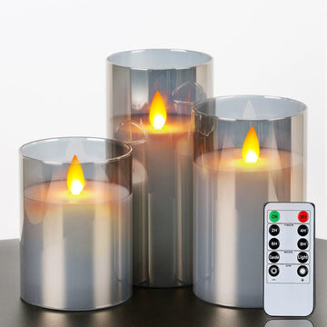 LED Glass Pillar Candles Battery Powered with Multi-functional Remote Controller - Set of 3