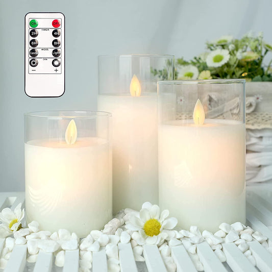 Real Wax White Glass LED Candle Set - Ø3"xH4"5"6"