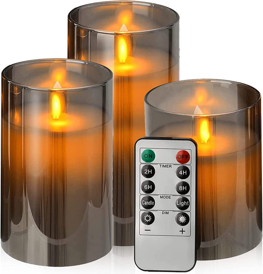 LED Glass Pillar Candles Battery Powered with Multi-functional Remote Controller - Set of 3