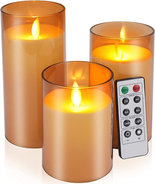 Set of 3 Acrylic Fiber Glass Gold LED Candle Set with Remote Controller - Diameter 3"x Height 4"5"6"