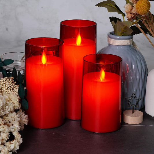 Acrylic Glass Red LED Candle Set - Ø3"xH4"5"6"