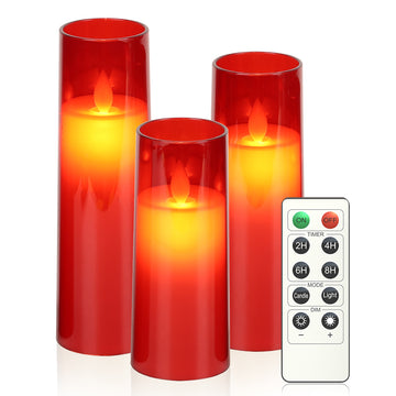 Acrylic Glass Red LED Candle Set - Ø2.3"xH5.5"6.5"7.5"