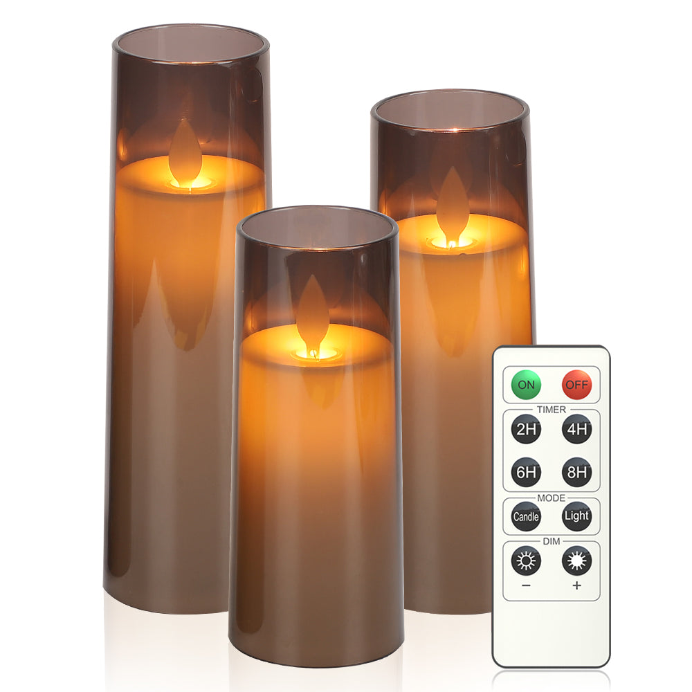 Acrylic Glass Grey LED Candle Set - Ø2.3"xH5.5"6.5"7.5"