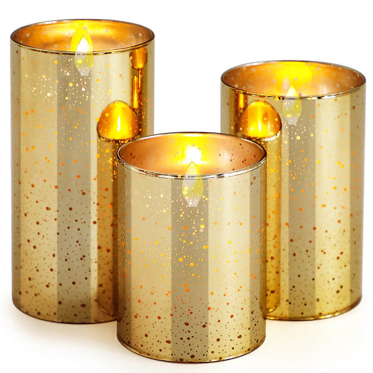 Real Wax Mercury Gold Glass LED Candle Set - Ø3"xH4"5"6"