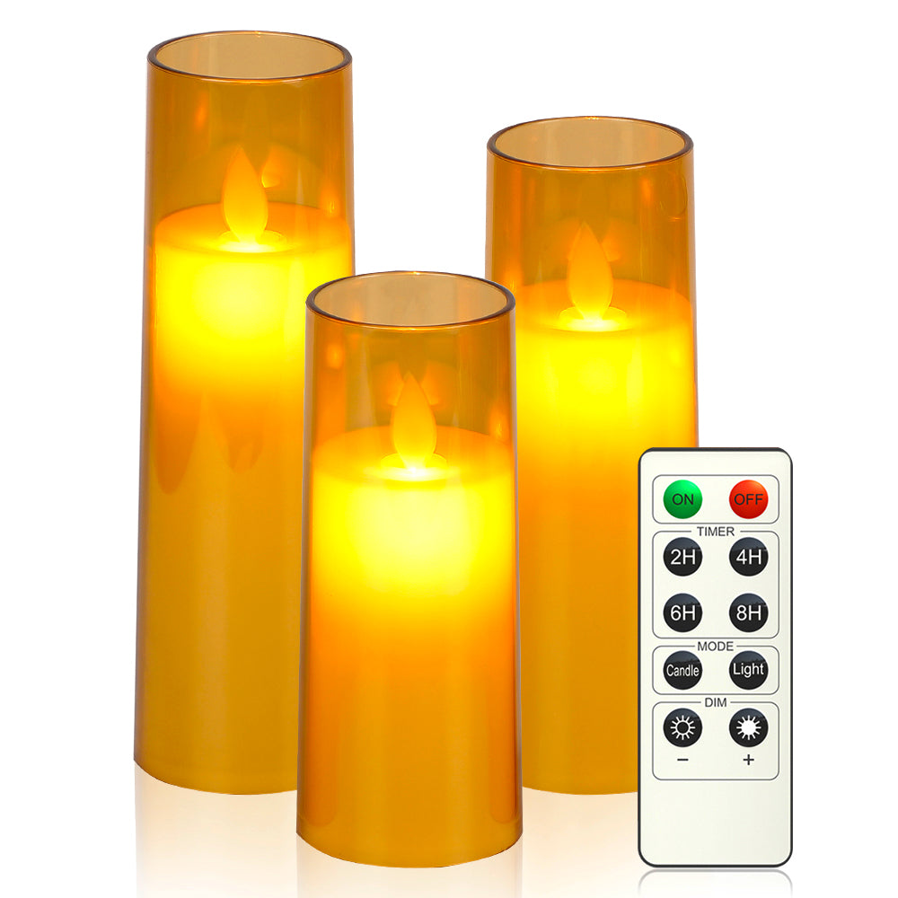 Acrylic Glass Gold LED Candle Set - Ø2.3"xH5.5"6.5"7.5"