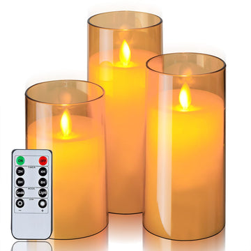 Set of 3 Acrylic Fiber Glass Gold LED Candle Set with Remote Controller - Diameter 3"x Height 4"5"6"