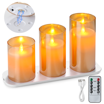 Rechargeable Batteries Real Wax Amber Glass LED Candle Set - Ø3"xH4"5"6"